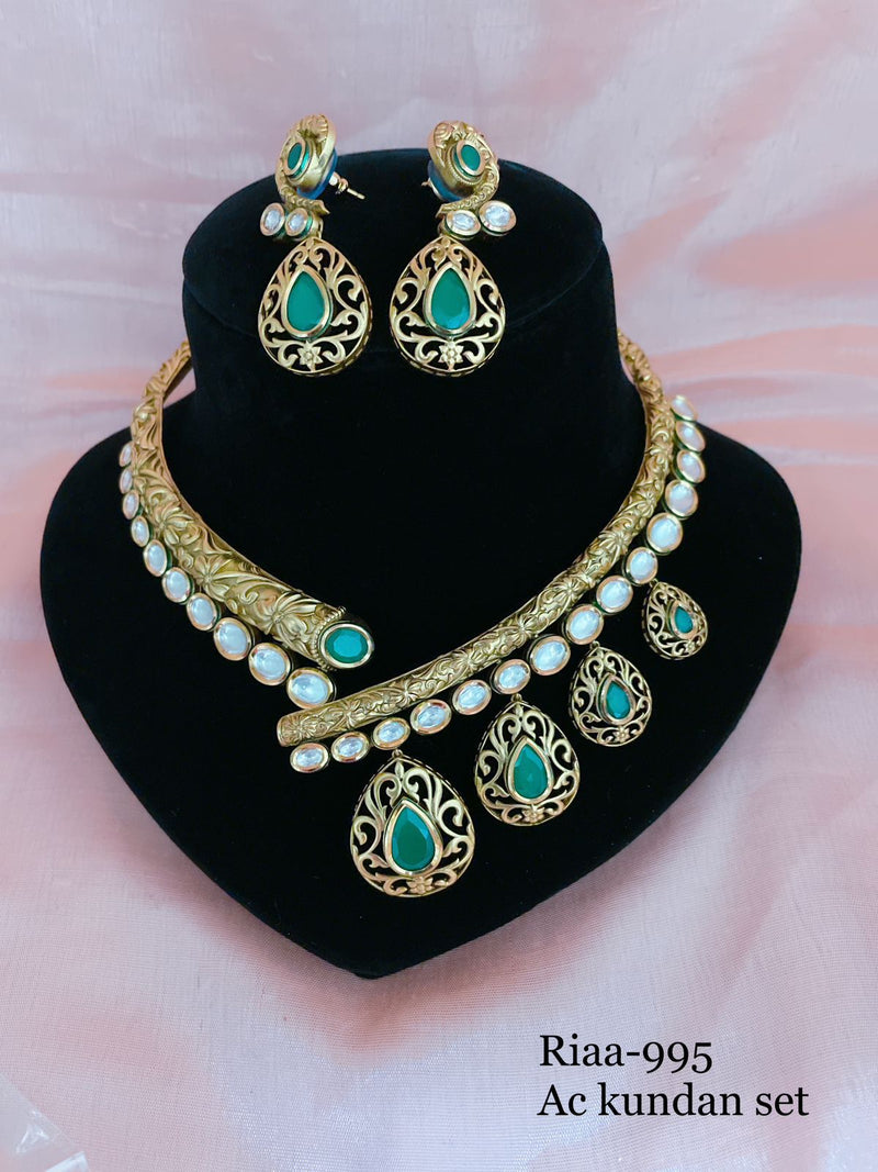 Gold Embellished Turquoise Blue Kundan Necklace Set